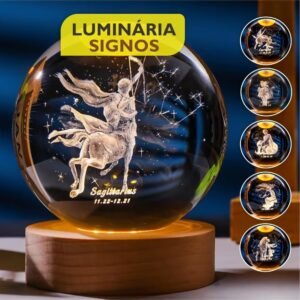 Luminária De Mesa Bola De Cristal 3D Esfera LED Vidro Signo Base Madeira Enfeite Decorativo Casa Quarto (Áries)