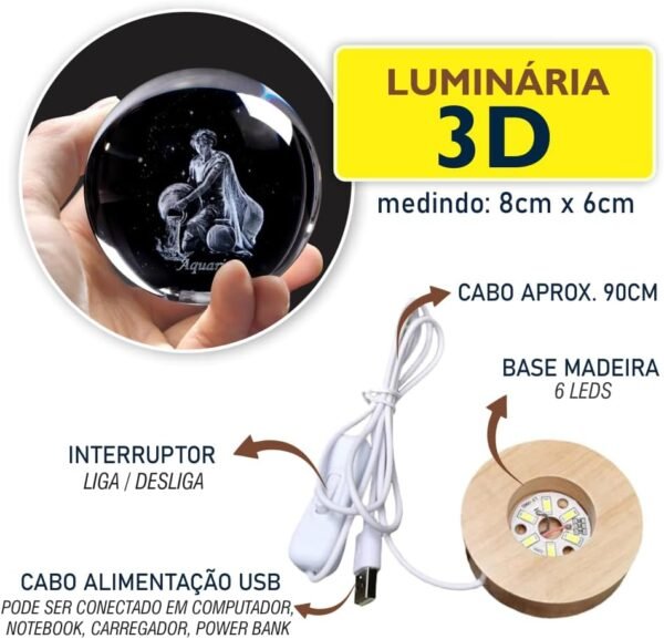 Luminária De Mesa Bola De Cristal 3D Esfera LED Vidro Signo Base Madeira Enfeite Decorativo Casa Quarto (Áries) - Imagem 2