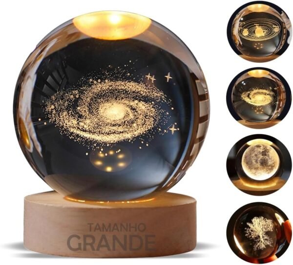 Luminária De Mesa Bola De Cristal Esfera Grande Planeta Terra Galáxia Via Lactea Saturno Lua LED Base Madeira Enfeite Decorativo Casa (Saturno)