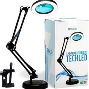 Luminaria Led Ring Light de Mesa Articulavel Abajur C/Garra Controle Intensidade Lupa Aumento Preta