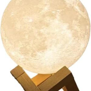 Luminária Lua Cheia 3D, 10 cm, com Suporte de Plástico, Alimentação por bateria, cor luz quente.