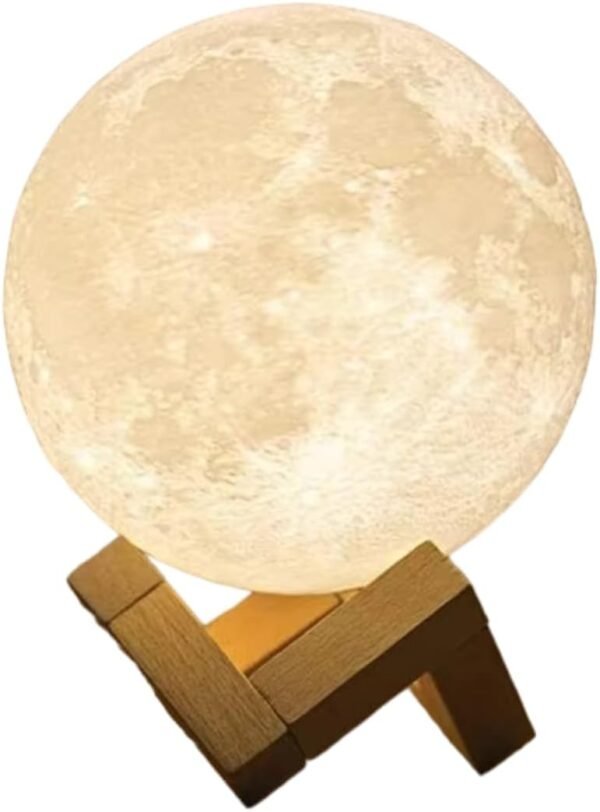 Luminária Lua Cheia 3D, 10 cm, com Suporte de Plástico, Alimentação por bateria, cor luz quente.