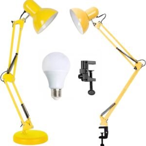 Luminária Mesa 2x1 Metal Abajur Lâmpada Base Garra Flex + Lâmpada LED GIMPO 811c Cor: Amarelo