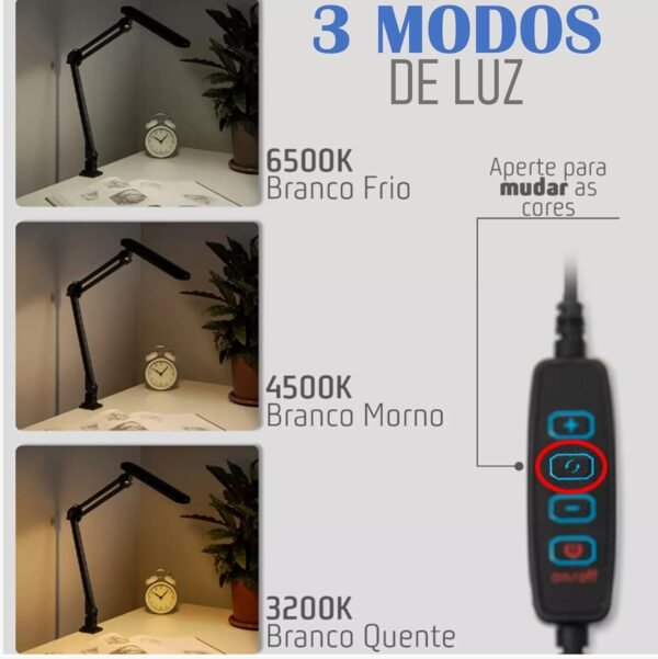 Luminária Premium LED Articulada De Mesa, 80 LEDs, 3 Modos De Luz, 10 Níveis De Brilho, Base Para Mesa E Com Pinça, USB (Preta) - Imagem 2