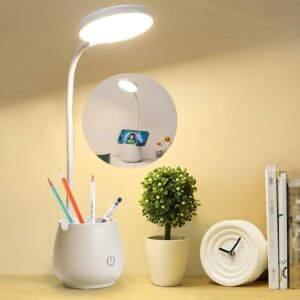Luminária de Mesa Ajustável com Porta Caneta - Para Estudo, Home Office - Luminária Porta Caneta e Apoio para Celular - Iluminação Suave - Luz de LED Flexível, Compacta e Moderna - Shop100