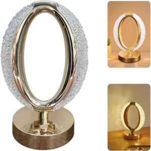 Luminaria de Mesa Decorativa Recarregável Tipo Cristal e Metal Acabamento Dourado - Abajur Quarto com 3 Tipos de Iluminação LED, Intensidade Ajustável, Touch, USB-C - Decoração Quarto, Sala (Redondo)