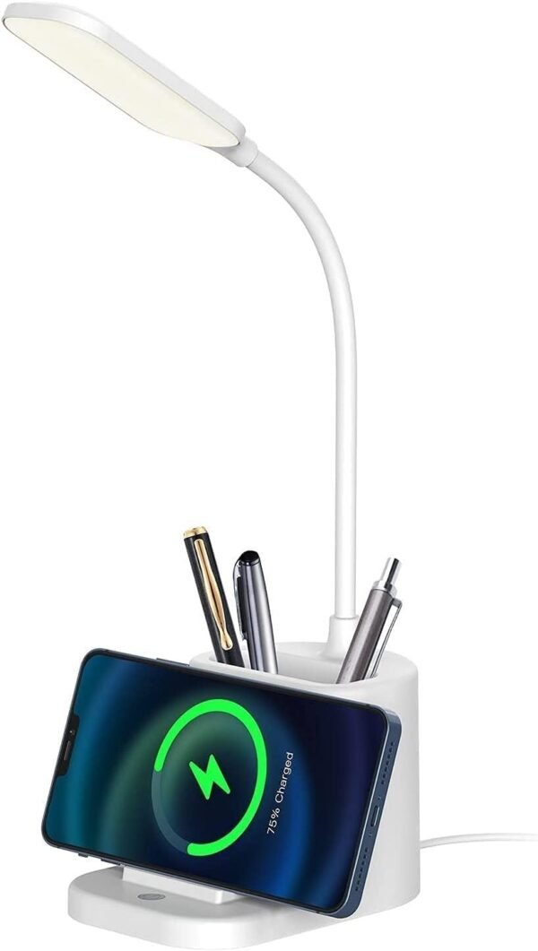 Luminária de Mesa Flexivel LED touch, 3 Tipos de Luminosidade, Função de Carregamento Sem Fio por Indução para Smartphones, Luminária para Estudos com Porta Canetas Embutido, Luz Agradável aos Olhos