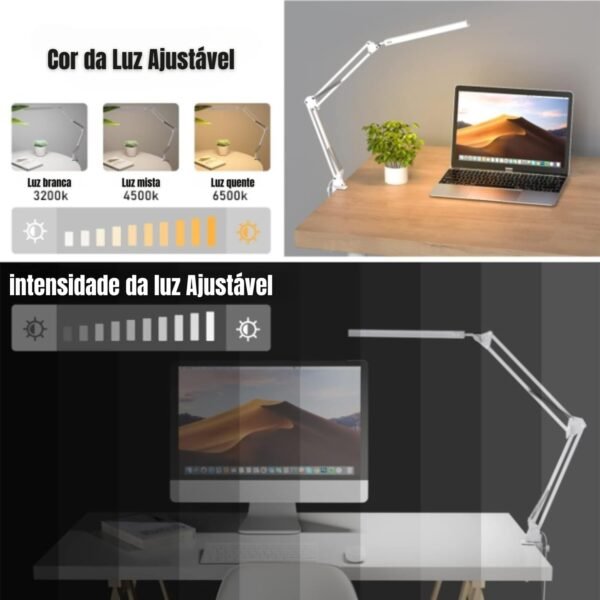 Luminária de Mesa LED com Braço Articulado e Clamp | 3 Modos de Iluminação | Regulagem de Altura e Direção | Luminaria de Mesa Escritório, Quarto, Home Office e Estudo | Luminária (Branco) - Imagem 2