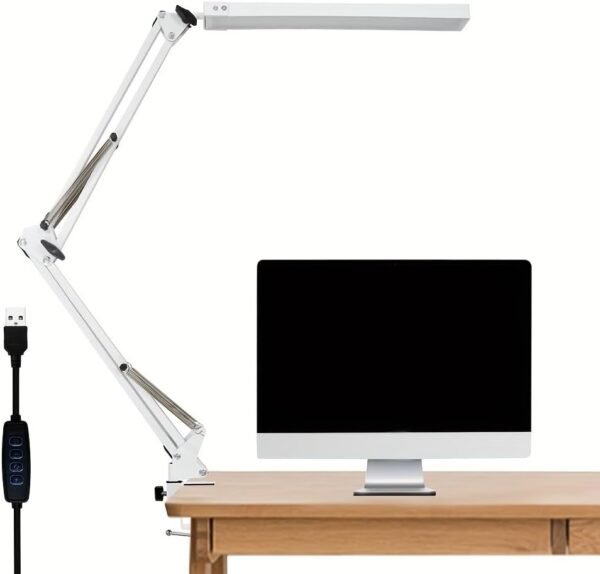 Luminária de Mesa LED com Braço Articulado e Clamp | 3 Modos de Iluminação | Regulagem de Altura e Direção | Luminaria de Mesa Escritório, Quarto, Home Office e Estudo | Luminária (Branco)