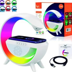 Luminária de Mesa e Caixa de Som G com Carregador de Celular por Indução Speaker Smart Bluetooth USB CArtão SD Rádio FM 15W Branca Surrond PREMIUM (BRANCA)