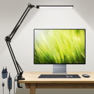 Luminária de mesa LED com braço articulado e braçadeira, 3 modos de brilho, iluminação ajustável para escritório, leitura, jogo e estudo, lâmpada de mesa giratória 360°, design moderno e funcional