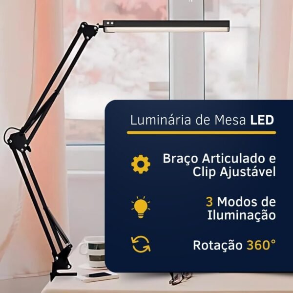 Luminária de mesa LED, lumináriacom braço articulado e braçadeira, 3 modos de brilho de iluminação, lâmpadas de leitura para escritório doméstico, rotação de 360° (Preto)