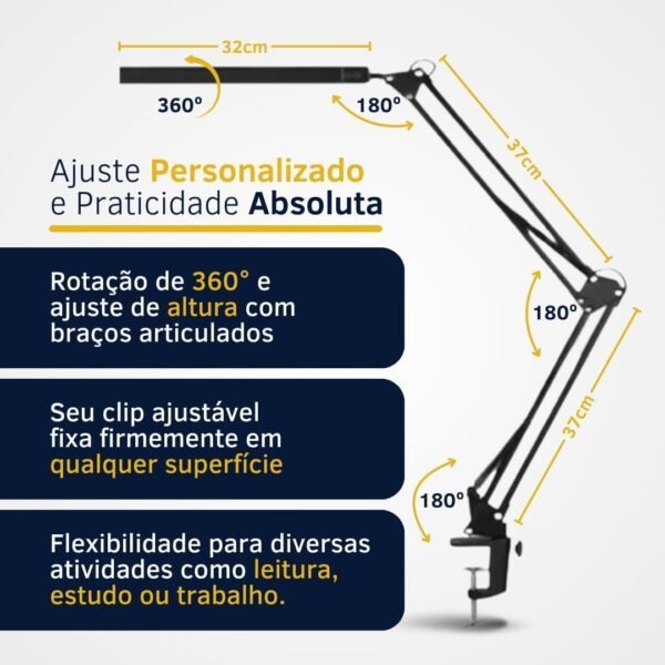 Luminária de mesa LED, lumináriacom braço articulado e braçadeira, 3 modos de brilho de iluminação, lâmpadas de leitura para escritório doméstico, rotação de 360° (Preto) - Imagem 2