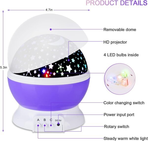 Luz noturna infantil, projetor de estrela rotativo de 360 graus, lâmpada de mesa 4 LEDs com 8 cores que mudam com cabo USB, melhor para decoração de quarto de bebê e festa de crianças - roxo - Imagem 2