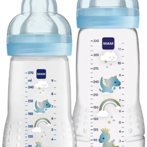 MAM Baby Kit 2 Mamadeiras Easy Active Set, 270ml e 330ml Com Formato Ergonômico e Fácil de Segurar para Crianças 2+ Meses com Bico de Silicone Skinsoft, Azul