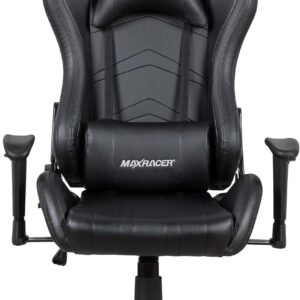 MAX RACER - Cadeira Gamer Aggressive - Cadeira Ergonômica para Jogos, Poltronas Gamer de Aço - Até 150kg, Braços 1D, Tecido Sintético PVC, Inclinação 180°, Almofada Cervical e Lombar- Preta