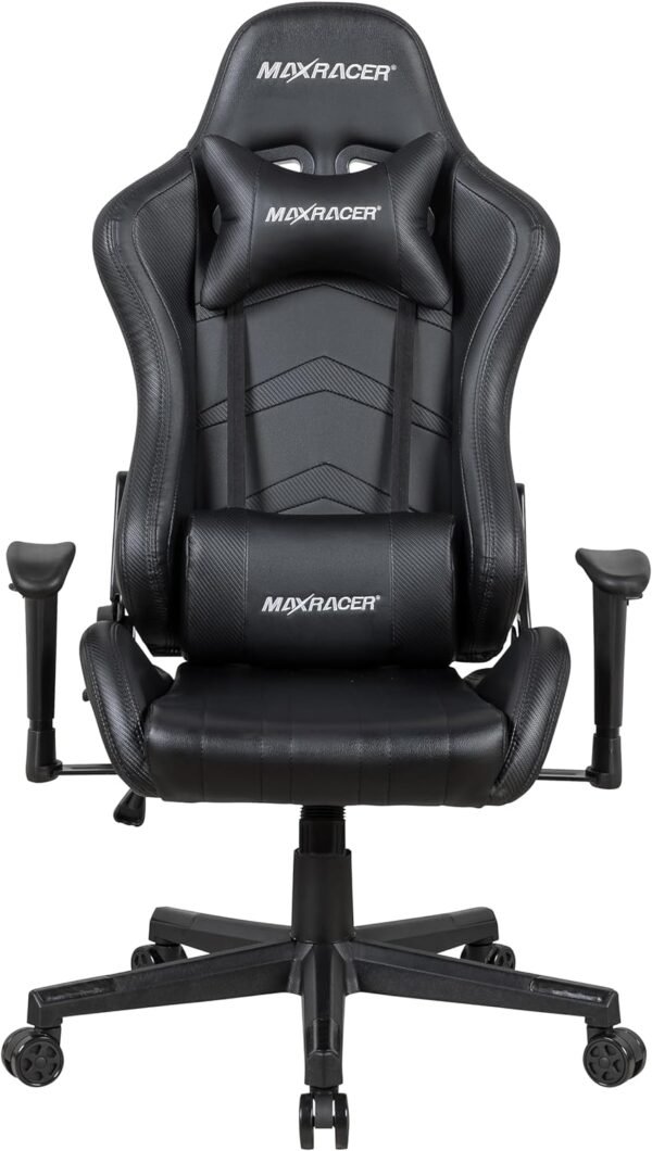 MAX RACER - Cadeira Gamer Aggressive - Cadeira Ergonômica para Jogos, Poltronas Gamer de Aço - Até 150kg, Braços 1D, Tecido Sintético PVC, Inclinação 180°, Almofada Cervical e Lombar- Preta