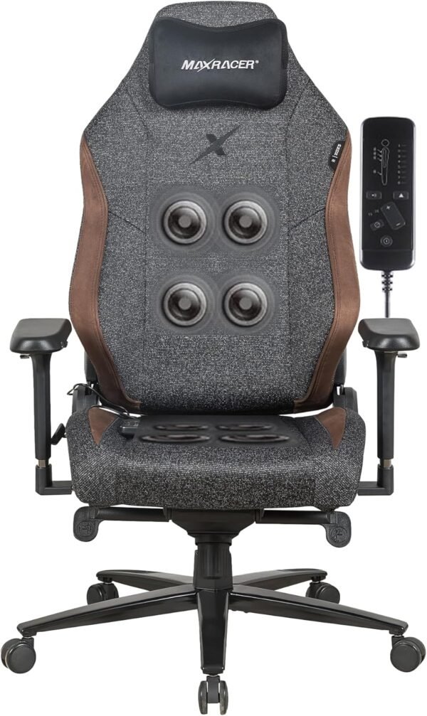 MAX RACER - Cadeira Gamer Massageadora Heavy-SMI - Poltronas Gamer de Aço, Cadeira Ergonômica - 8 Pontos de Massagem, Braços 4D, Suporta 150kg, Tecido Poliéster, Inclinação 135° - Preto Mesclado