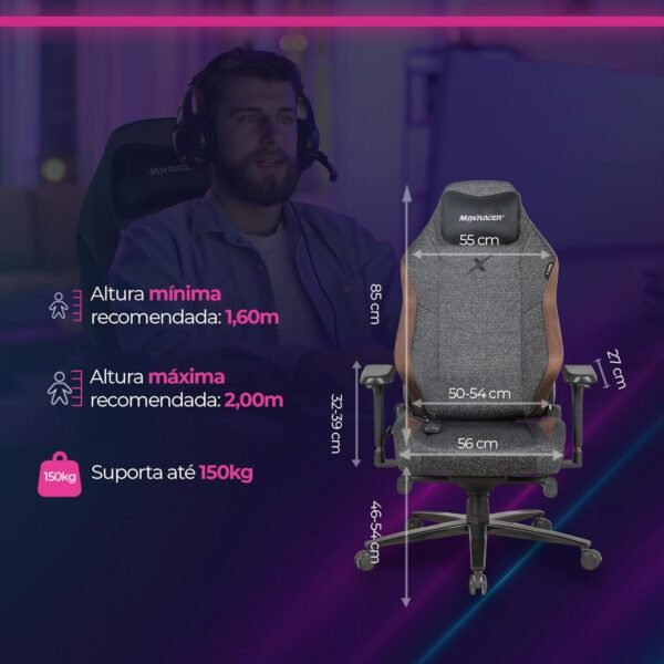 MAX RACER - Cadeira Gamer Massageadora Heavy-SMI - Poltronas Gamer de Aço, Cadeira Ergonômica - 8 Pontos de Massagem, Braços 4D, Suporta 150kg, Tecido Poliéster, Inclinação 135° - Preto Mesclado - Imagem 2