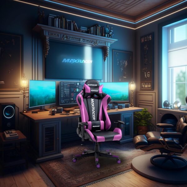 MAX RACER - Cadeira Gamer Skilled - Cadeira Ergonômica para Jogos, Poltronas Gamer de Aço - Braços 1D, Até 150kg, Tecido Sintético PVC, Inclinação 180°, Almofada Cervical e Lombar - Roxa - Imagem 2