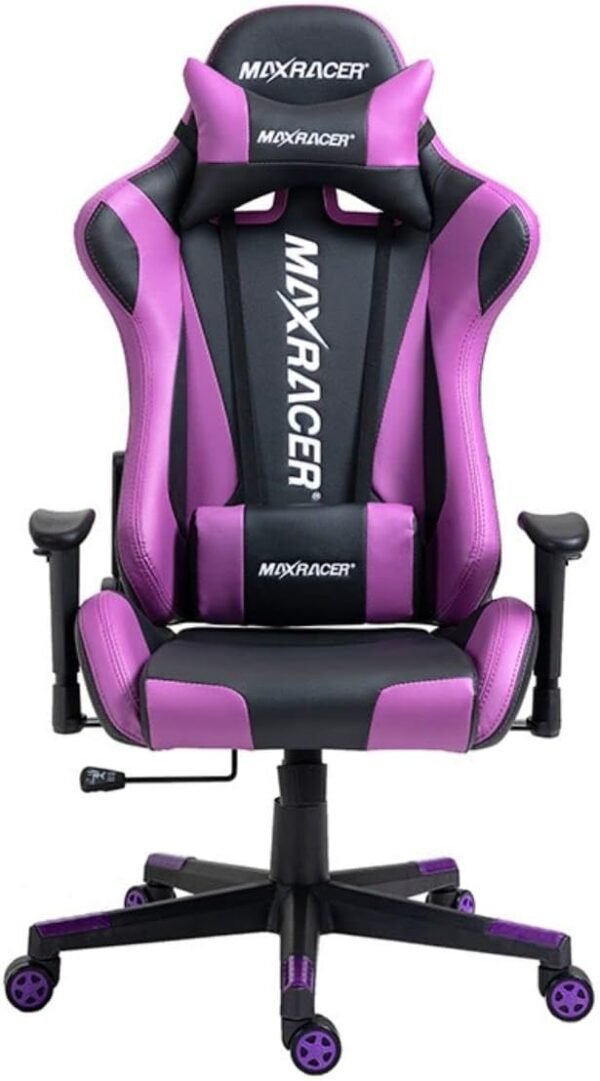 MAX RACER - Cadeira Gamer Skilled - Poltronas Gamer de Aço, Cadeira Ergonômica para Jogos - Suporta 150kg, Braços 1D, Tecido Sintético PVC, Inclinação 180°, Almofada Cervical e Lombar - Roxa