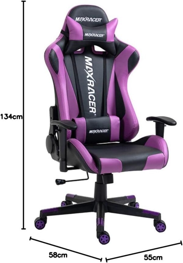 MAX RACER - Cadeira Gamer Skilled - Poltronas Gamer de Aço, Cadeira Ergonômica para Jogos - Suporta 150kg, Braços 1D, Tecido Sintético PVC, Inclinação 180°, Almofada Cervical e Lombar - Roxa - Imagem 2