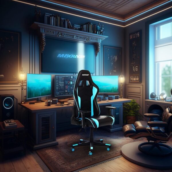 MAX RACER - Cadeira Gamer Tactical - Cadeira Ergonômica para Jogos, Poltronas Gamer de Aço - Braços 3D, Tecido Sintético P.U, Até150kg, Inclinação 180°, Almofada Cervical e Lombar - Azul - Imagem 2