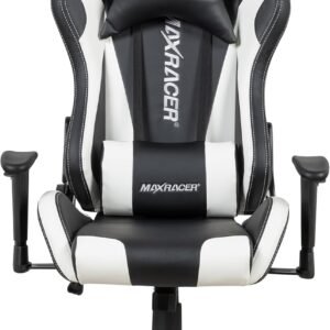 MAX RACER - Poltrona para Home Office Skilled -Cadeira Ergonômica de Aço,Cadeira de Escritório-Até 150kg, Giratória, Braços 1D, Tecido Sintético PVC, Inclinação 180°, Almofada Cervical e Lombar-Branca