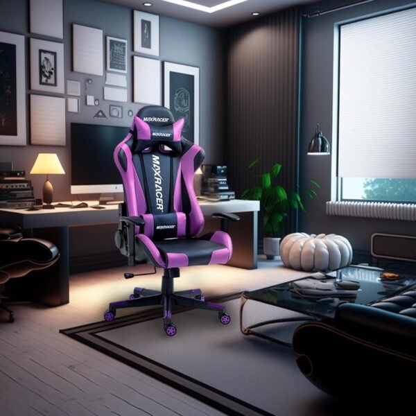 MAX RACER - Poltrona para Home Office Skilled - Cadeira Ergonômica de Aço, Cadeira de Escritório Até 150kg, Giratória, Braços 1D, Tecido Sintético PVC, Inclinação 180°, Almofada Cervical e Lombar-Roxa - Imagem 2
