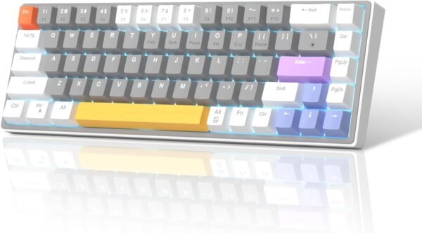 MageGee Teclado para jogos 60% mecânico, 68 teclas compactas de LED azul retroiluminado, SKY68 Mini teclado ergonômico para escritório com fio para Windows PC Gamer (interruptor amarelo, branco e