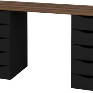 Mesa Escrivaninha Moderna para Home Office com 10 Gavetas - Due Artany Nogal e Preto