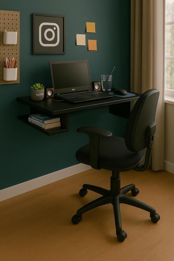 Mesa Escrivaninha de Estudos Suspensa Escritório Notebook Home Office MDF Preto 90cm