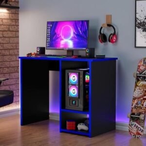 Mesa Gamer Escrivaninha Px para Computador com LED RGB, Preto e Azul, Suporte para PC e Acessórios