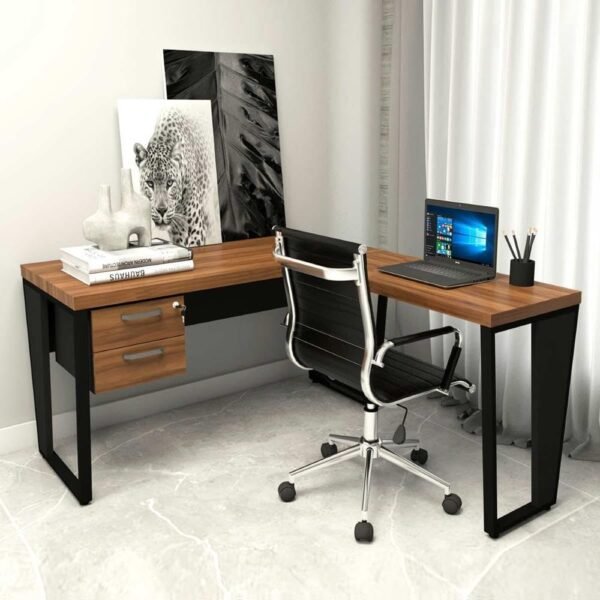 Mesa de Escritório Industrial em L com Gaveteiro Pés Metal Cor:nogal com Preto