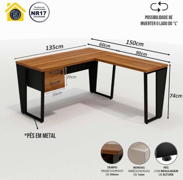 Mesa de Escritório Industrial em L com Gaveteiro Pés Metal Cor:nogal com Preto - Imagem 2