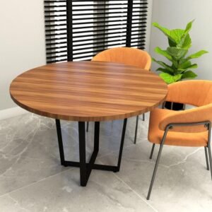 Mesa de Reunião Industrial Redonda 110cm Pés em Metal F5 Cor:nogal com Preto