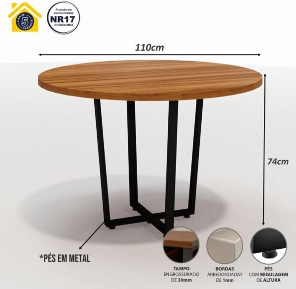 Mesa de Reunião Industrial Redonda 110cm Pés em Metal F5 Cor:nogal com Preto - Imagem 2