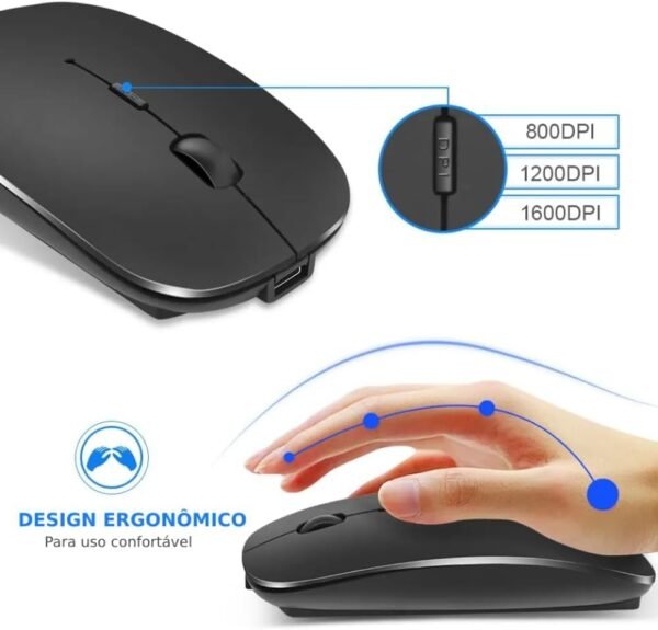 Mini Mouse Sem Fio Recarregável com Led RGB, Design Ergonômico e Conectividade USB 2.4 GHz para Notebook, PC, Desktop, Laptop e TV Smart Shaolong® (Preto) - Imagem 2