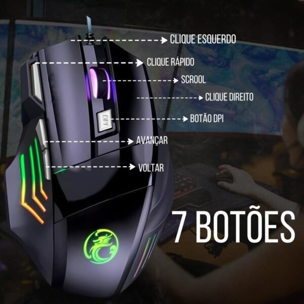 Mouse Gamer 3200 DPI de Alta Precisão Com 7 Botões Programáveis e Cabo Reforçado Sensor Gamer Super Veloz Para Jogos Trabalho Estudos, LED RGB Ergonômico Com Tecnologia Non Slip - Imagem 2