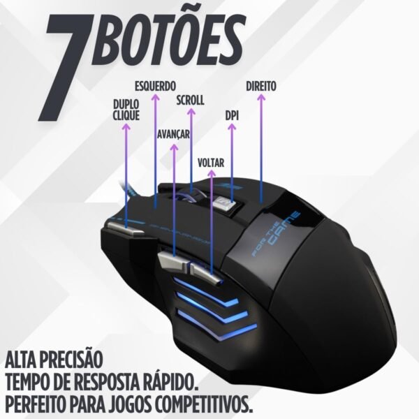 Mouse Gamer Anúbis Model X7 2400 DPI 7 Botões LED RGB Alta Precisão Jogos Trabalho Cabo Esmaltado Reforçado Premium - Imagem 2