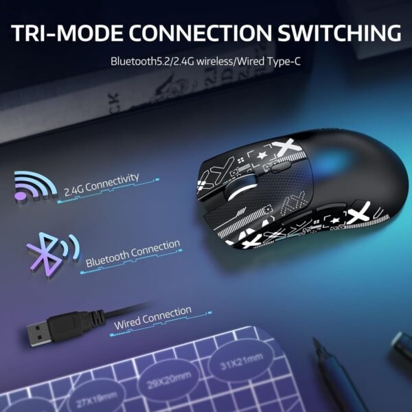 Mouse Sem Fio Gamer R1 18000dpi Paw3311 Tri Mode 1000hz, Pixart Paw3311 Ultraleve 3 Conexões (Preto) - Imagem 2