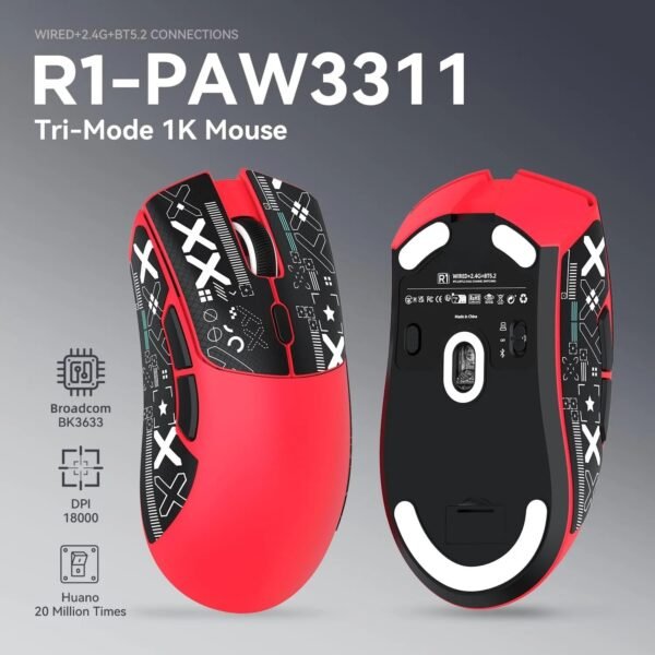 Mouse Sem Fio Gamer R1 18000dpi Paw3311 Tri Mode 1000hz, Pixart Paw3311 Ultraleve 3 Conexões (Vermelho) - Imagem 2