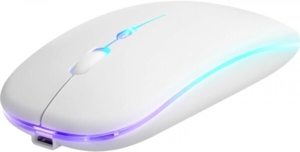 Mouse Sem Fio Recarregável Click Silencioso Óptico LED RGB Ergonômico USB 2.4 GHz. Ideal para Notebook PC Desktop e Smart TV Bateria Durável e Rápida (Preto, Prata e Amarelo) (Branco)