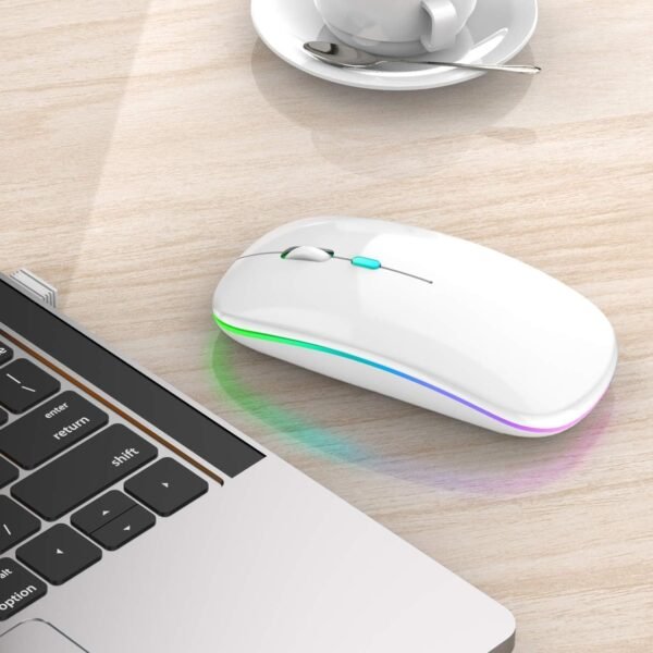 Mouse Sem Fio Recarregável Click Silencioso Óptico LED RGB Ergonômico USB 2.4 GHz. Ideal para Notebook PC Desktop e Smart TV Bateria Durável e Rápida (Preto, Prata e Amarelo) (Branco) - Imagem 2
