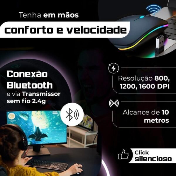 Mouse Sem Fio Recarregável Linha Prime Conexão Dual Bluetooth 5.0/USB 2.4GHz Design Ergonômico com Iluminação LED RGB Premium - Imagem 2