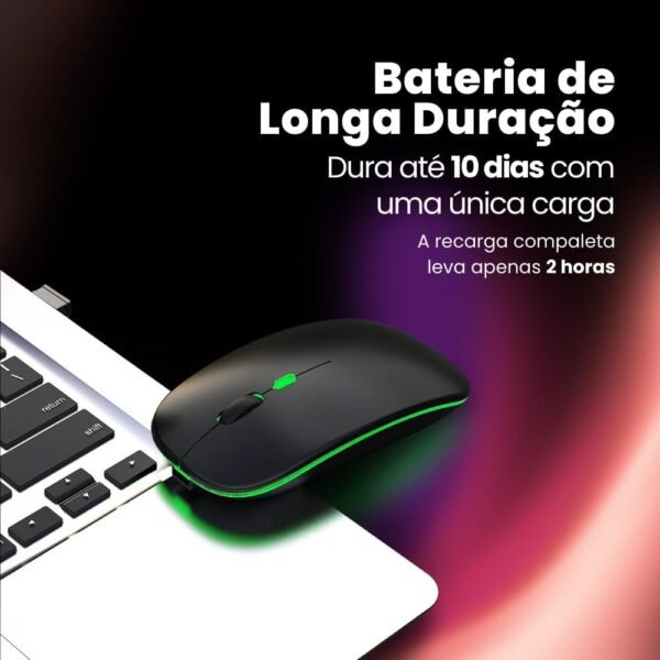 Mouse Sem Fio Recarregável Wireless Bluetooth Óptico LED RGB Colorido Ergonômico 2.4 GHz USB Para Notebook, Computador, PC e Desktop - Linha Premium SellXpert (Preto) - Imagem 2