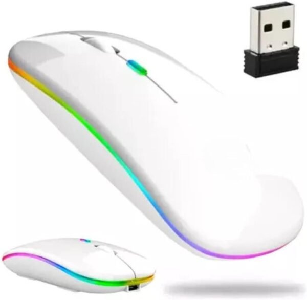Mouse Sem Fio Recarregável com Led RGB, Design Ergonômico, Conexão Dual Bluetooth 5.0/USB 2.4GHz, DPI Ajustável, para Notebook, PC, Desktop, Laptop e TV Smart, Silencioso, Qualidade Premium (Branco)