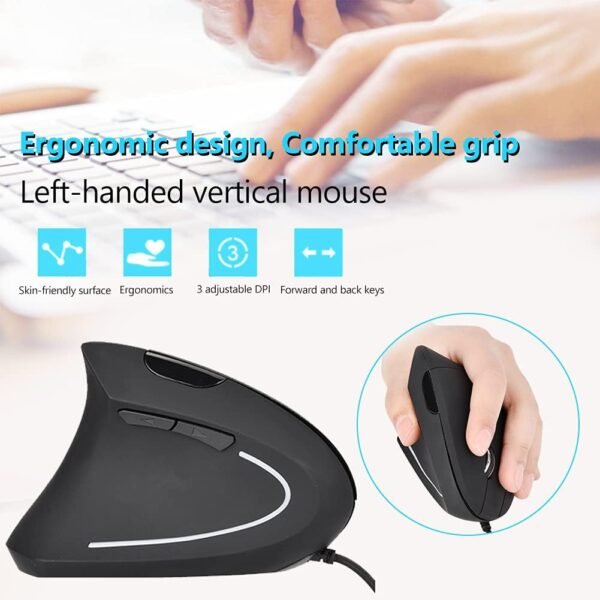 Mouse ergonômico vertical com fio USB, mouse óptico canhoto, 3 DPI ajustáveis 800/1200/1600, 6 botões programáveis, mouse universal para jogos, para laptop, desktop, notebook, PC, computador (preto) - Imagem 2
