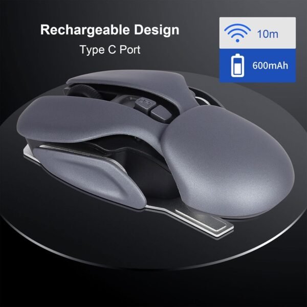 Mouse sem fio recarregável, mouse legal em forma de lagostim, 1600DPI 4 botões, mouse óptico sem fio ergonômico portátil com receptor USB para laptop, PC, computador, escritório, casa, presente (Gery) - Imagem 2