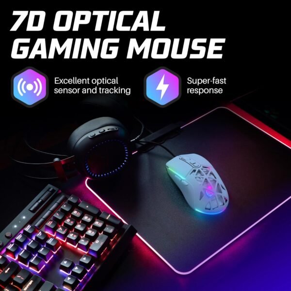 Neptune Mouse para jogos Blade ergonômico e leve de LED | Mouse com fio USB com fio com efeitos de luz de fundo (branco) - Imagem 2